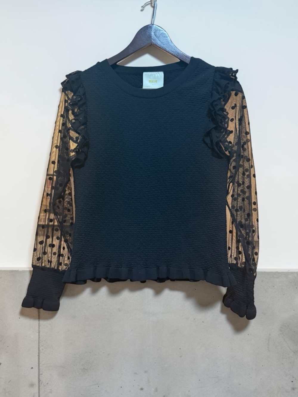 Anthropologie Black Knit Top with Sheer Polka-Dot Ruffle Sleeves
